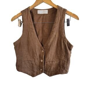 Size S Linen Blend Brown Button Front Bohemian Vest